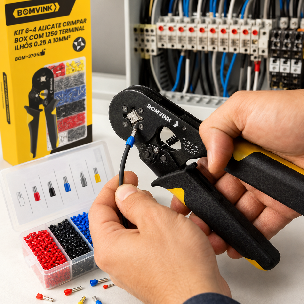 ALICATE CRIMPADOR PROFESIONAL + 1250 TERMINALES 0.25-10MM² - BOMVINK