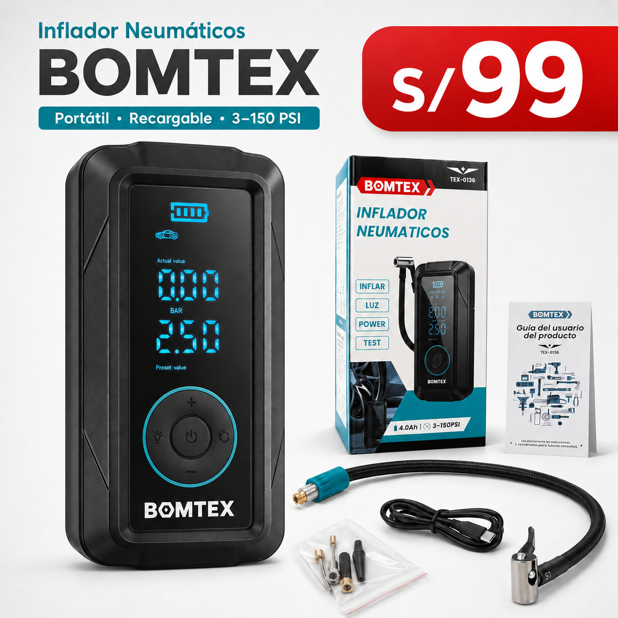 INFLADOR PORTATIL 4 EN 1 - BOMTEX