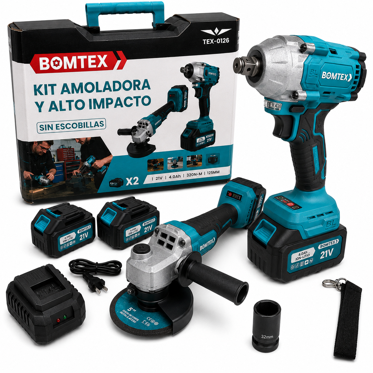 Kit Llave de Impacto y Amoladora Bomtex TEX-0126 con maletin, 2 baterias, cargador, disco y dado