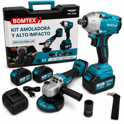 Kit Llave de Impacto y Amoladora Bomtex TEX-0126 con maletin, 2 baterias, cargador, disco y dado
