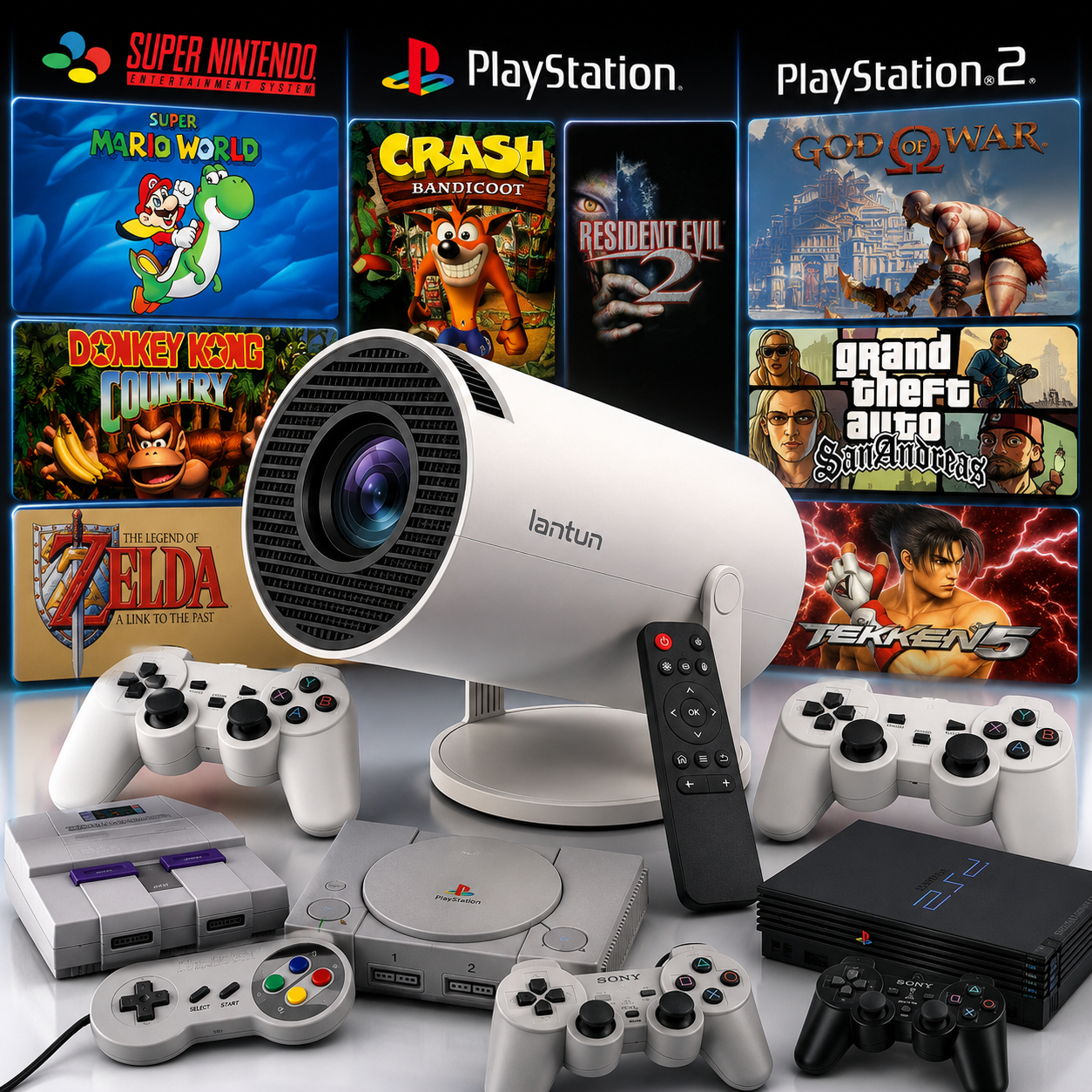 Proyector X10 Plus Lantun 4K con consola de videojuegos retro, mandos y juegos SNES PS1 PS2