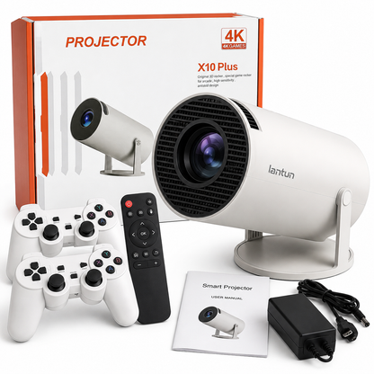 Proyector X10 Plus Lantun 4K con caja, mandos inalambricos, control remoto y cargador
