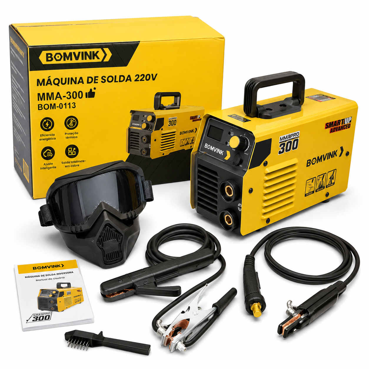 Maquina de Soldar Inversora Bomvink MMAPRO 300 con careta, pinzas y accesorios