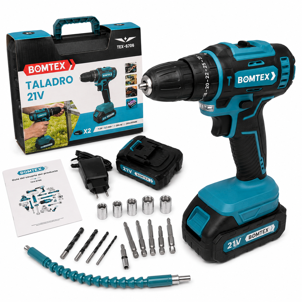Taladro Atornillador Bomtex TEX-6706 21V con maletin, 2 baterias, cargador y accesorios