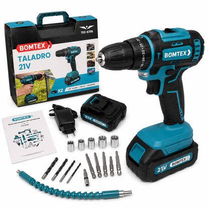 Taladro Atornillador Bomtex TEX-6706 21V con maletin, 2 baterias, cargador y accesorios