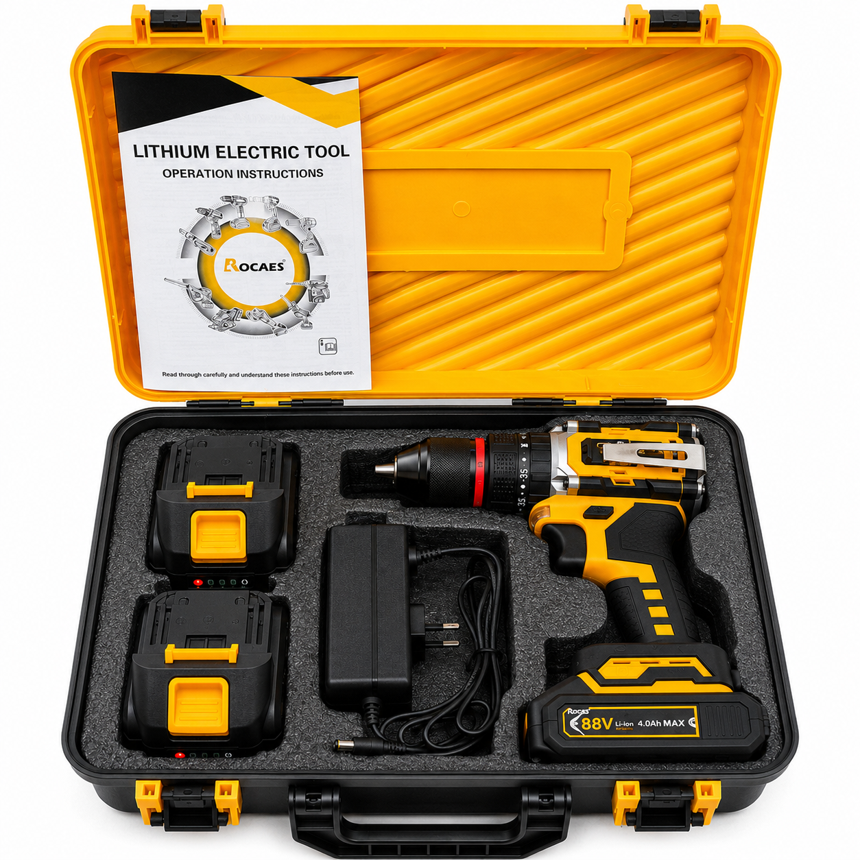Taladro Percutor 80 Nm Brushless ROCAES 88V con maletín, 2 baterías y cargador