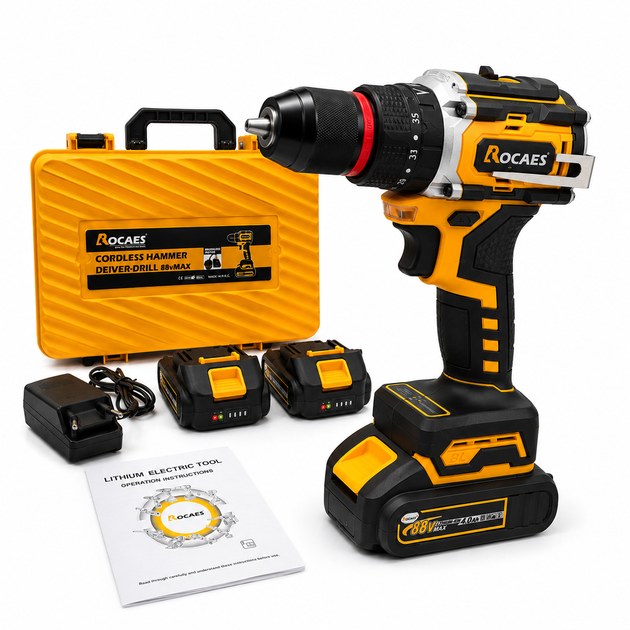 Taladro Percutor 80 Nm Brushless ROCAES 88V vista completa con accesorios